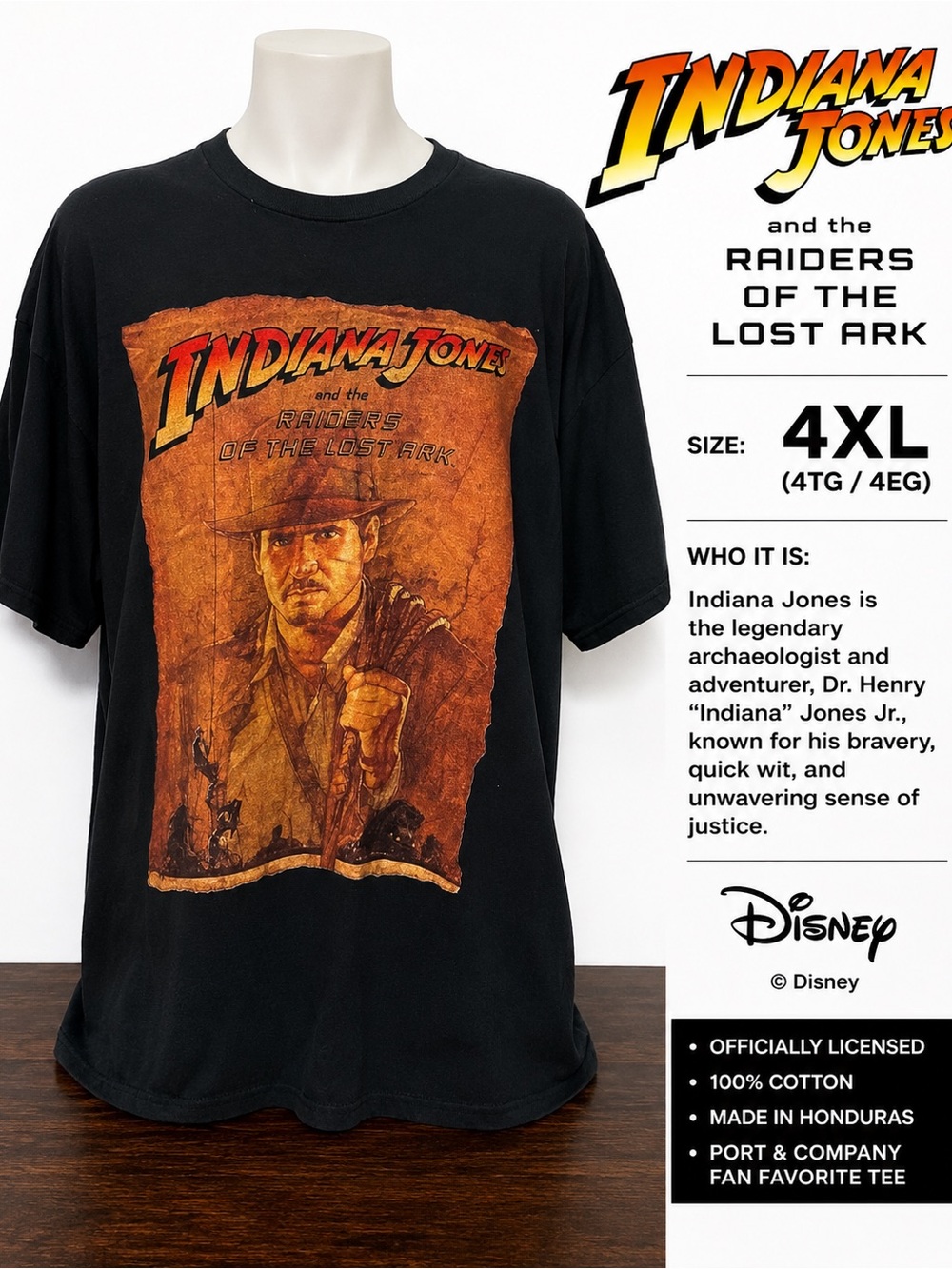 Disney Indiana Jones Raiders Lost Ark Graphic Tee Shirt 4XL Black
